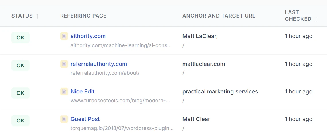 Real LinkCheck dashboard rows with statuses and referring pages