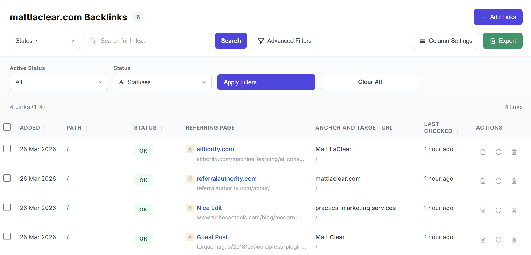 linkcheck.app dashboard showing backlink statuses, referring pages, filters, and recent checks